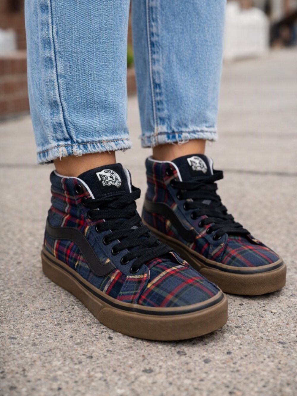 Vans Plaid High-Top Sneakers in Navy, Red and Black with Gum Sole
